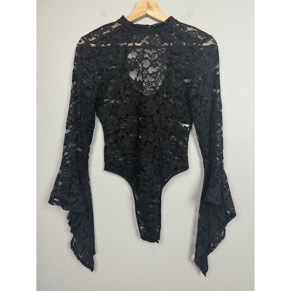 Black Lace Bell Sleeve Bodysuit Mock Neck Witchy Vamp Whimsigoth Gothic Glam M - Picture 2 of 10